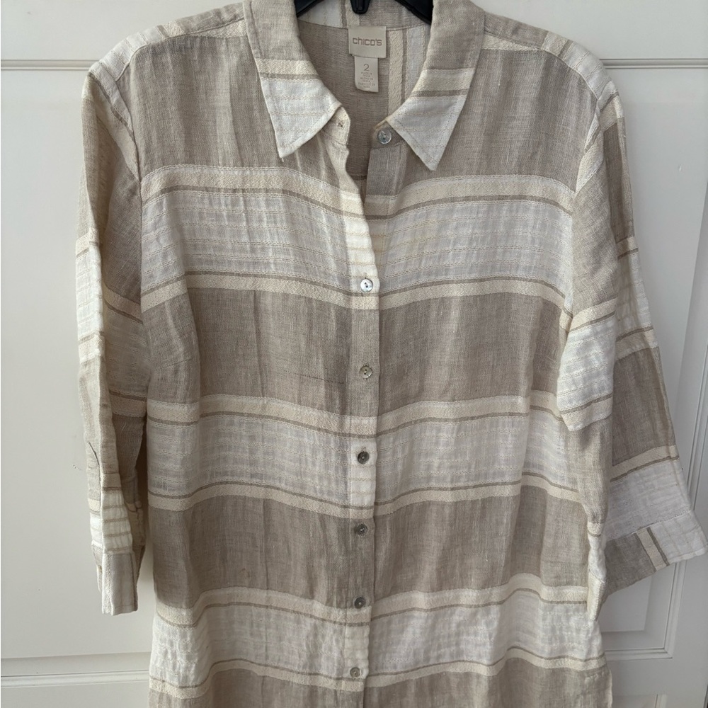 Chico’s beige tan button Up, Roll-Tab 3/4 Sleeve Linen‎ blend.  Size 2, 12/14.